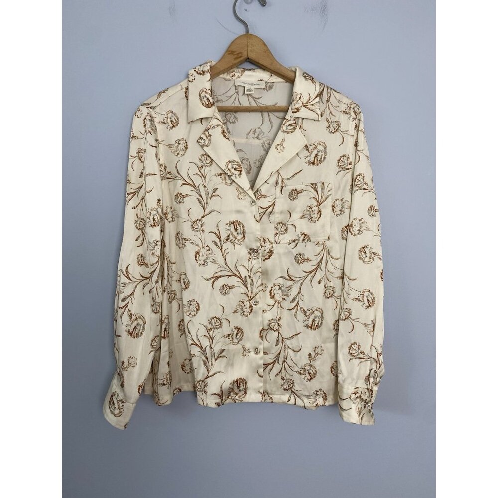 Treasure & Bond Womens Size XS Long Sleeve Button Up Cream & Brown Floral Blouse